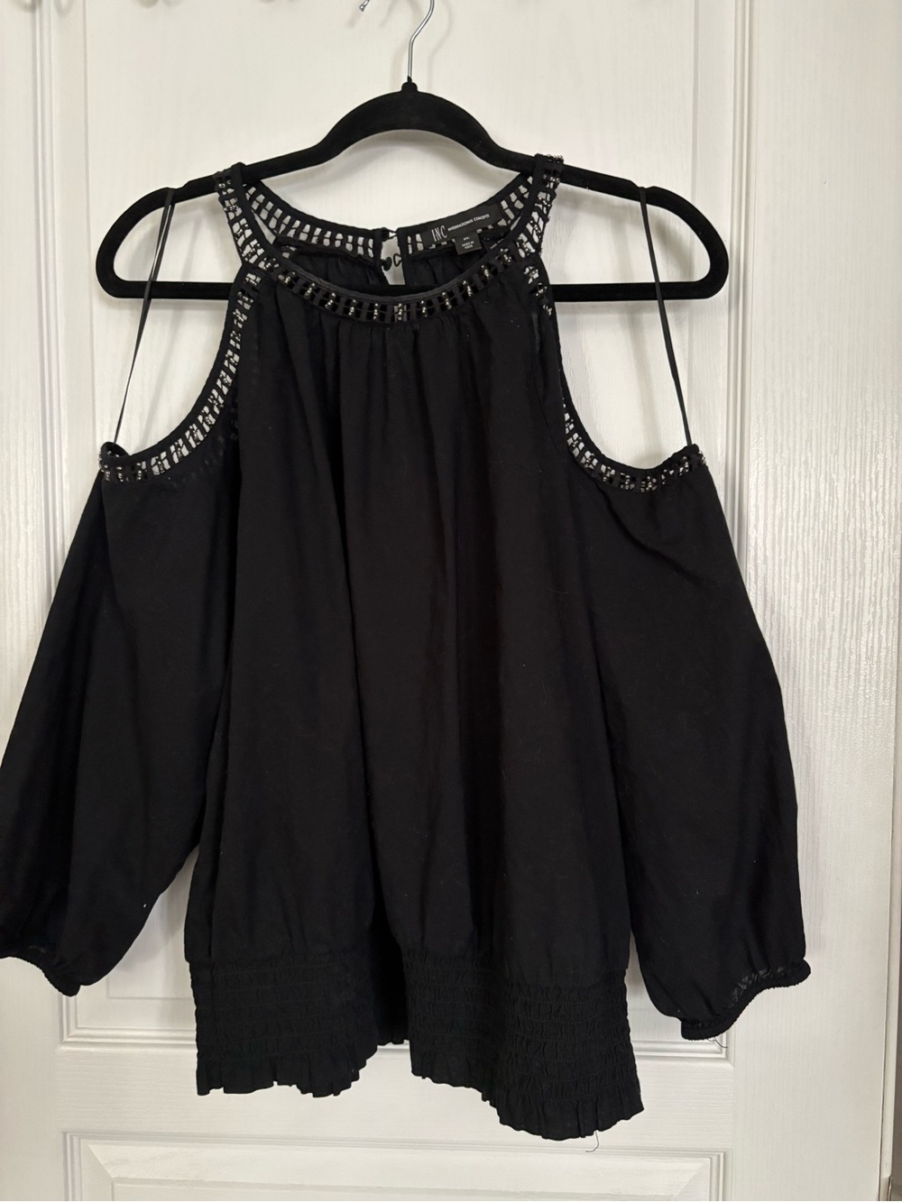 INC International Concepts Black Cold-Shoulder Beaded Halter Blouse